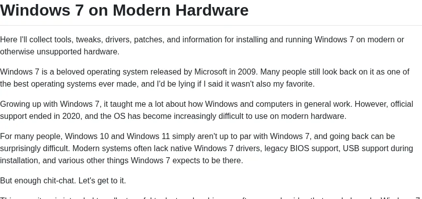 Excerpt from the Windows 7 on Modern Hardware repository documentation